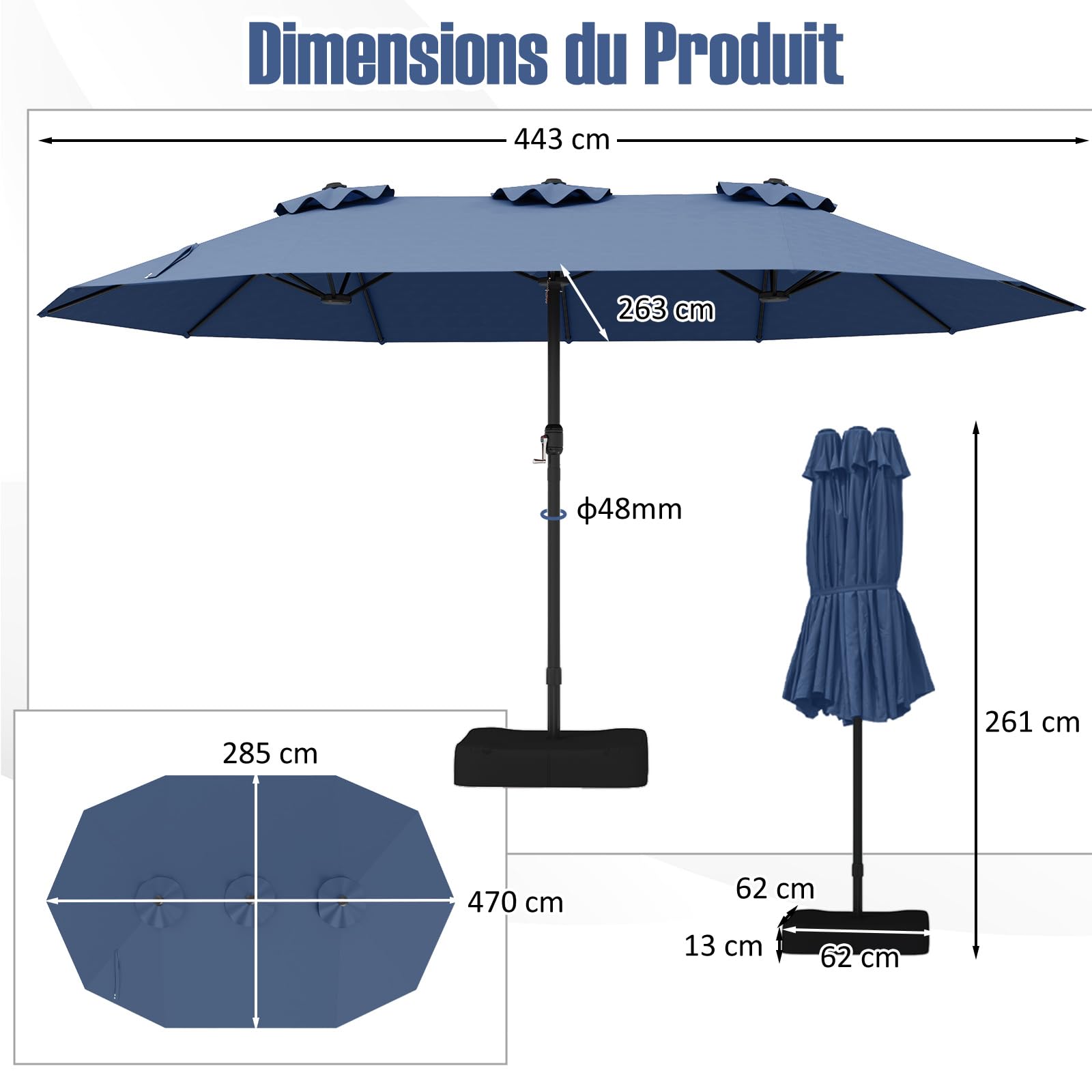 RELAX4LIFE Grand Parasol Double avec Pied 4,7M, Grand Parasol de Jardin Extérieur avec Manivelle, 12 Baleines, Base Croix, Sacs de Sable, Ventilé, Protection Solaire pour Terrasse Marché (Bleu foncé)