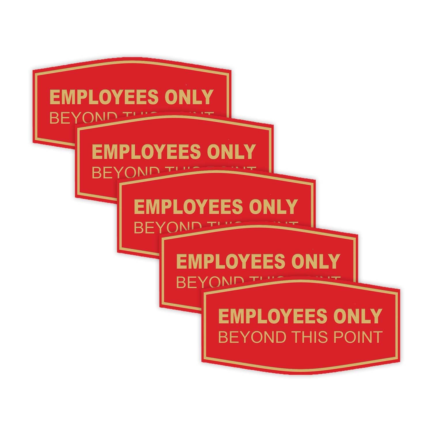 All Quality Fancy Employees Only Beyond This Point Wall or Door Sign - Easy to Install | (Red/Gold) - Large 5 Pack