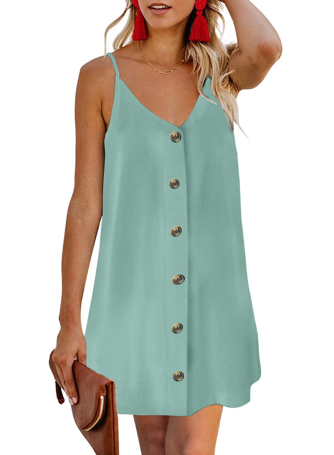 AlvaQ Women Summer Spaghetti Strap Button Down V Neck Sleeveless Casual Mini Dress