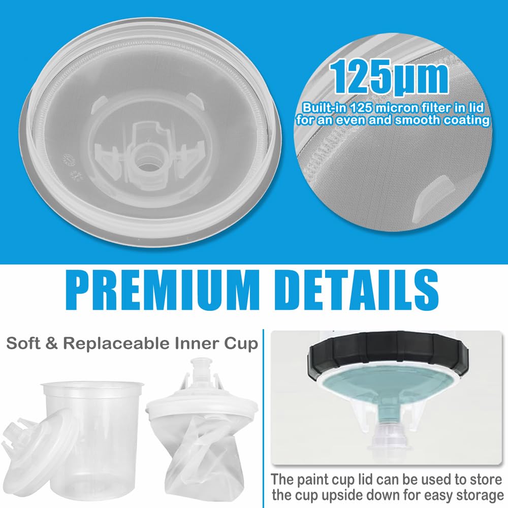 Tazza di Vernice Usa e Getta per Pistola a Spruzzo HVLP e LVLP, Kit Bicchieri per Miscelazione Vernici da 600 ML con 30 Tazze e Coperchi, 30 Filtri, 10 Tappi e 2 Adattatori per Bicchieri