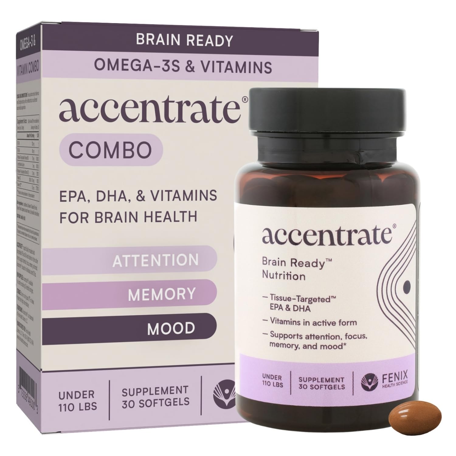 Brain Supplement for Natural Focus & Attention | for Kids | Active B Vitamin & Omega-3 Combo | Vitamin B Complex w/Omega 3 Fatty Acids EPA & DHA | Omega-3s in Small Pill | L-MTHF, B12, P5P, VIT D