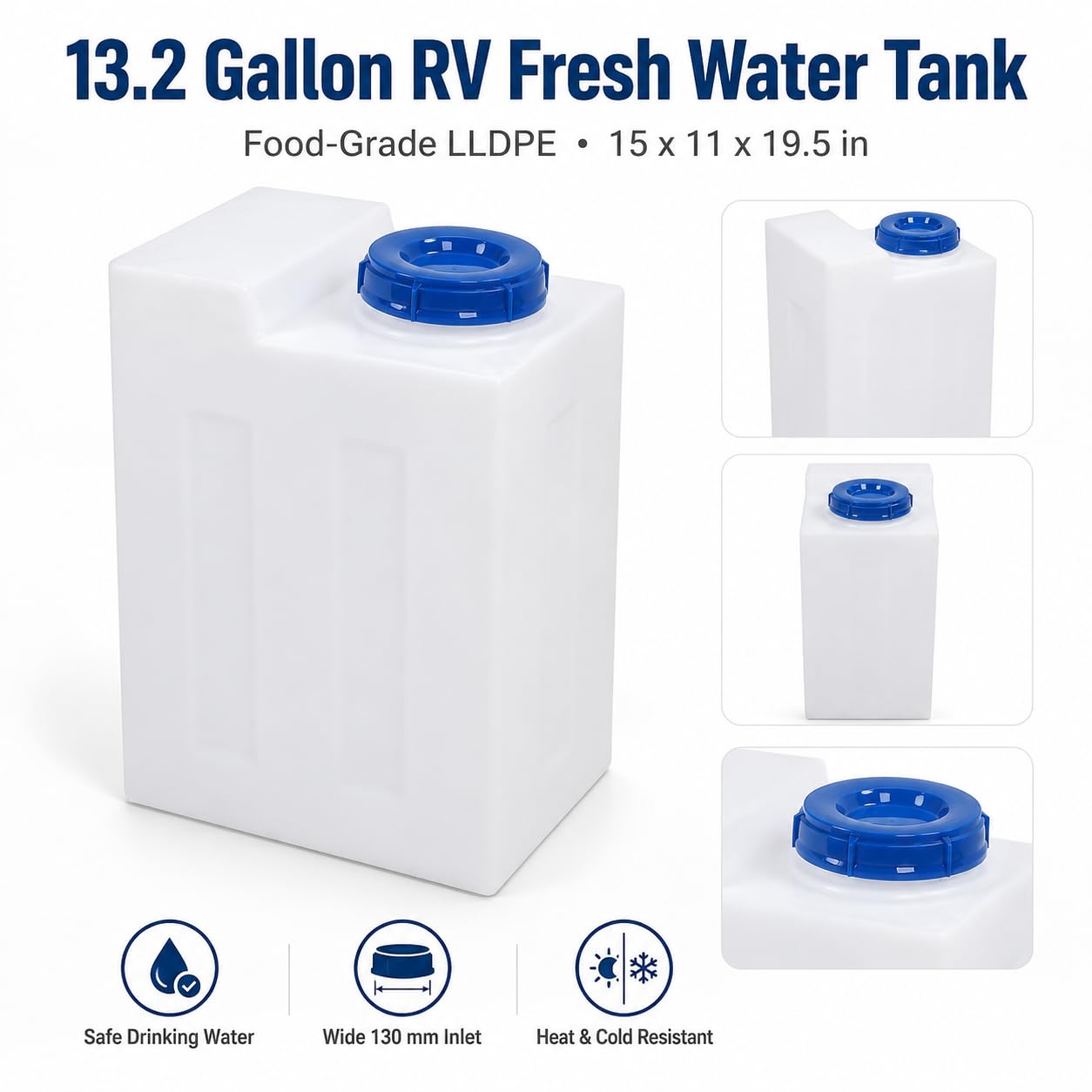 50 L LLDPE Trinkwassertank, Quadratischer Frischwassertank für Wohnmobil, Wohnwagen, Anhänger und Boot, Wasserbehälter 50L, und Kältebeständig für Camping Outdoor