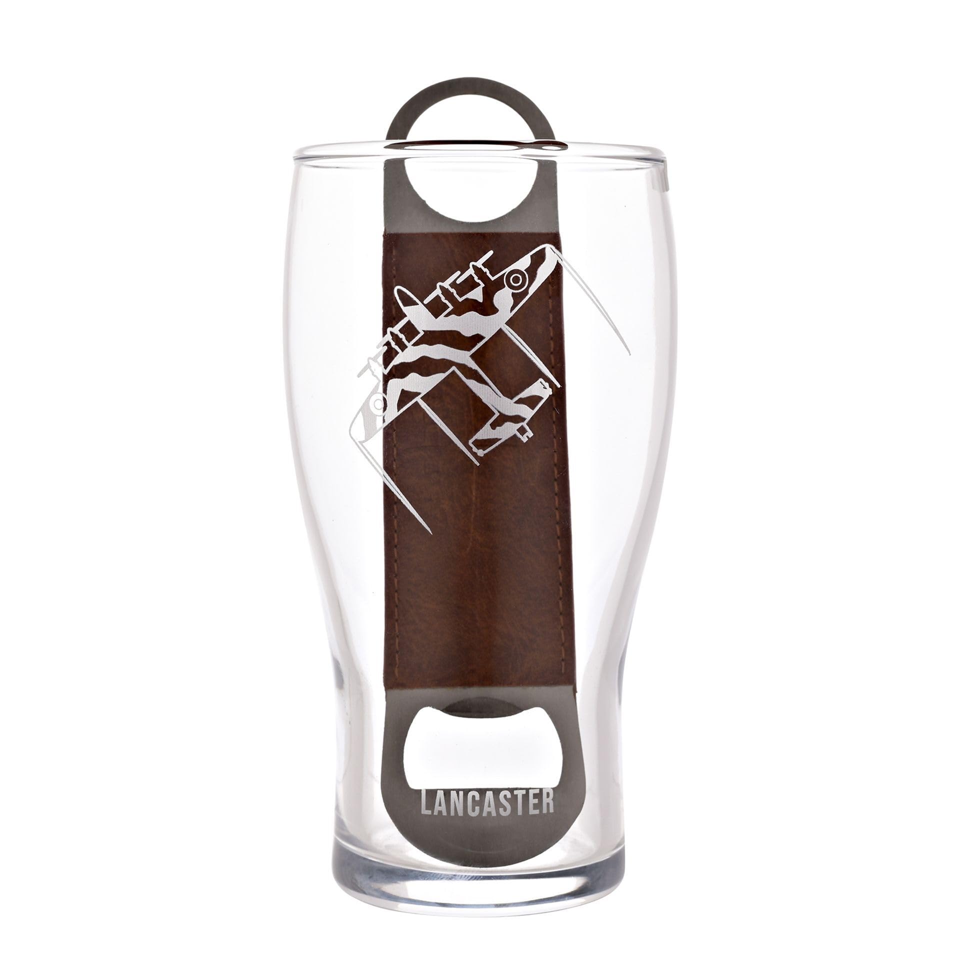 Officially Licensed Royal Air Force RAF Pint Glass & Bottle Opener Set - Lancaster Bomber - Etched Graphic Drinking Beer Glass Home Bar, Kitchen & Dining for Men, History & Aviation - 480ml / 16oz.