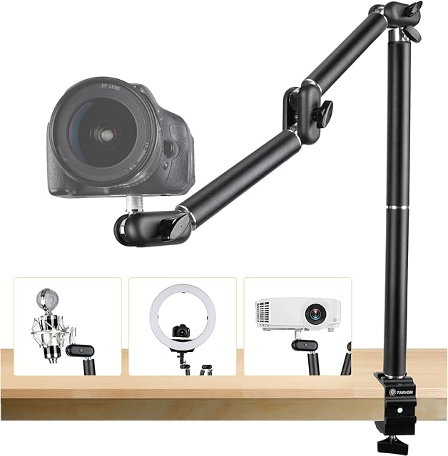 TARION Overhead Tripod Camera Desk Mount 360° Flexible Articulating Arm with 3/8'' Screw and 3/8'' to 1/4'' Screw for DSLR Cameras Projector Ring Light (L)