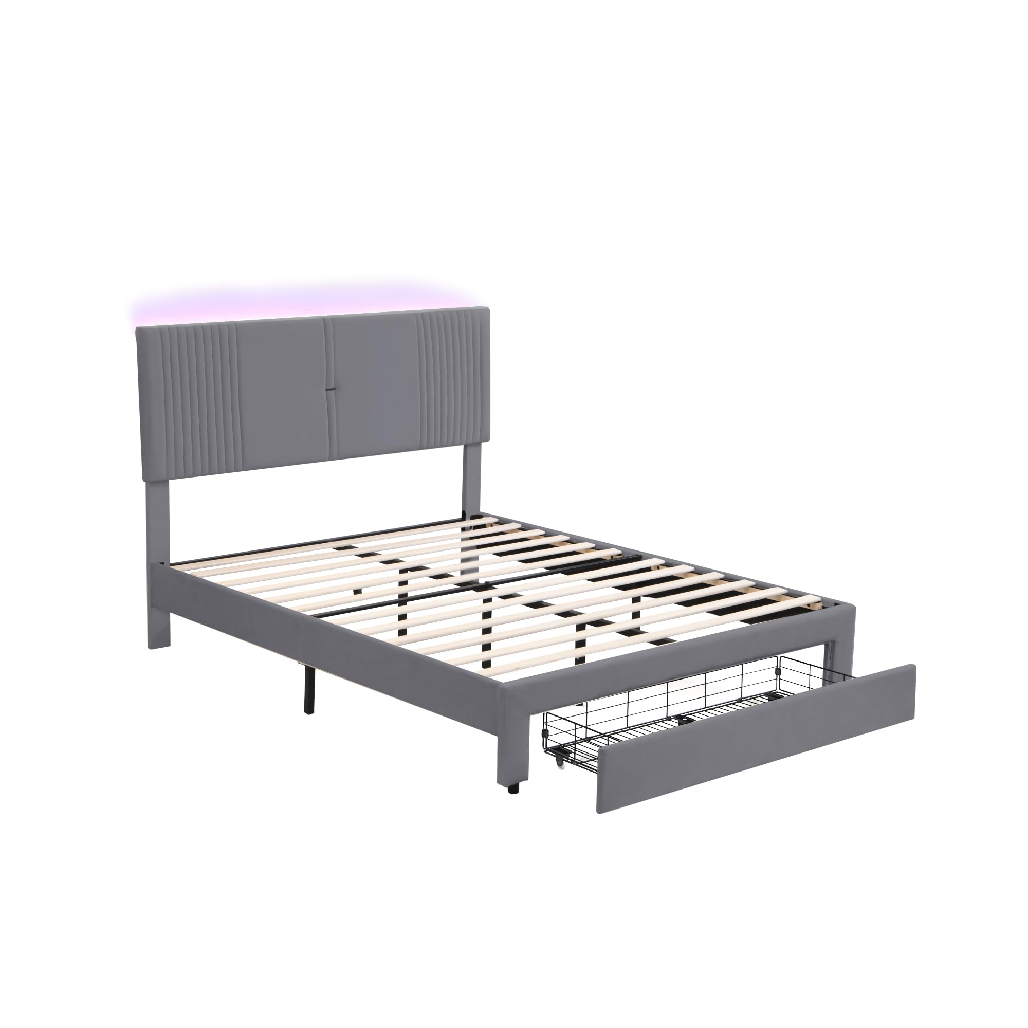 Bed 140 x 200, gestoffeerd tweepersoonsbed met 2 laden, hoofdeinde met opbergruimte en USB, opbergbed tienerbed met lattenbodem, grijs, zonder matras (140x200