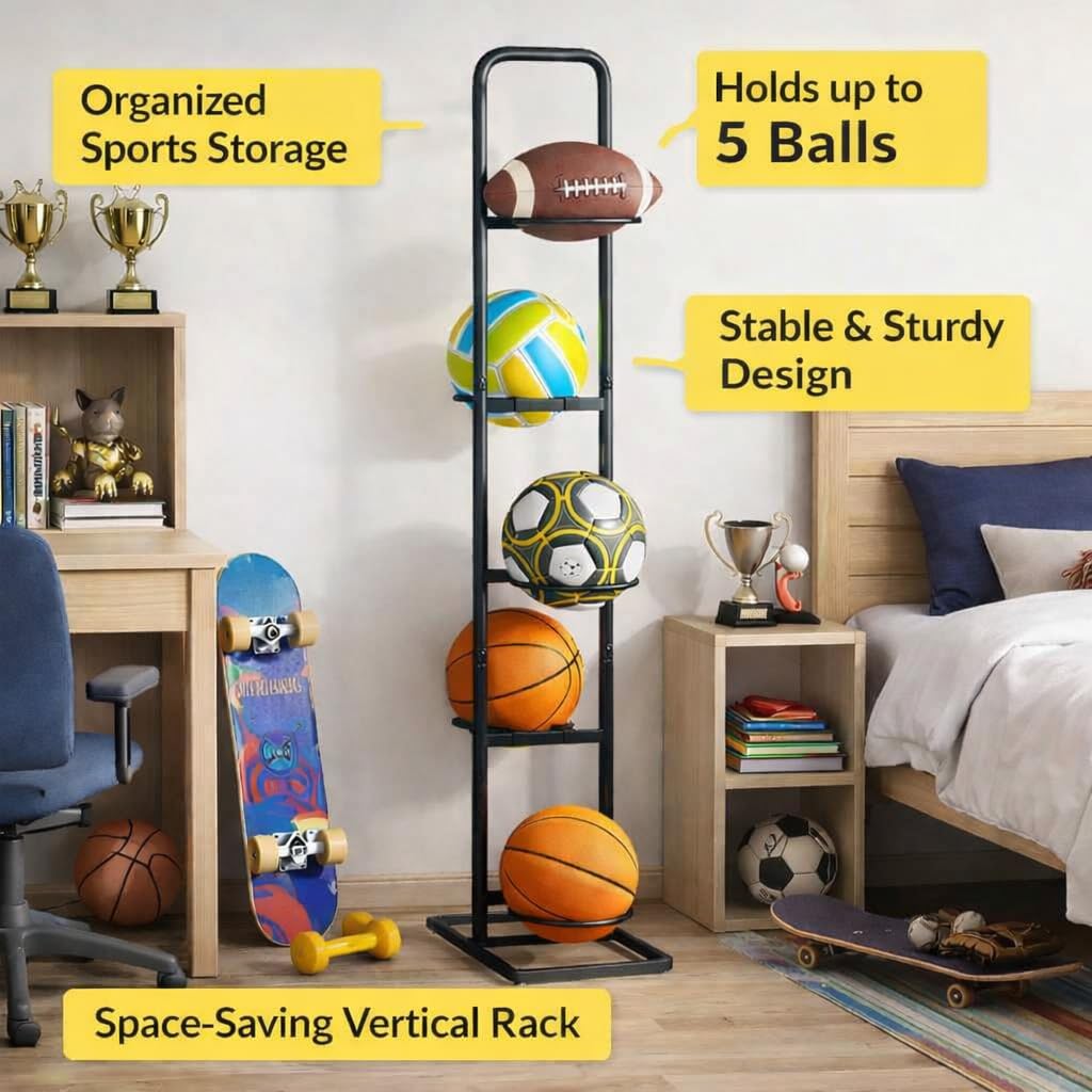 Soporte para Balones – Estante Vertical Universal de 5 Niveles en Acero al Carbono para Baloncesto, Fútbol, Rugby y Voleibol – Altura 144 cm, Negro