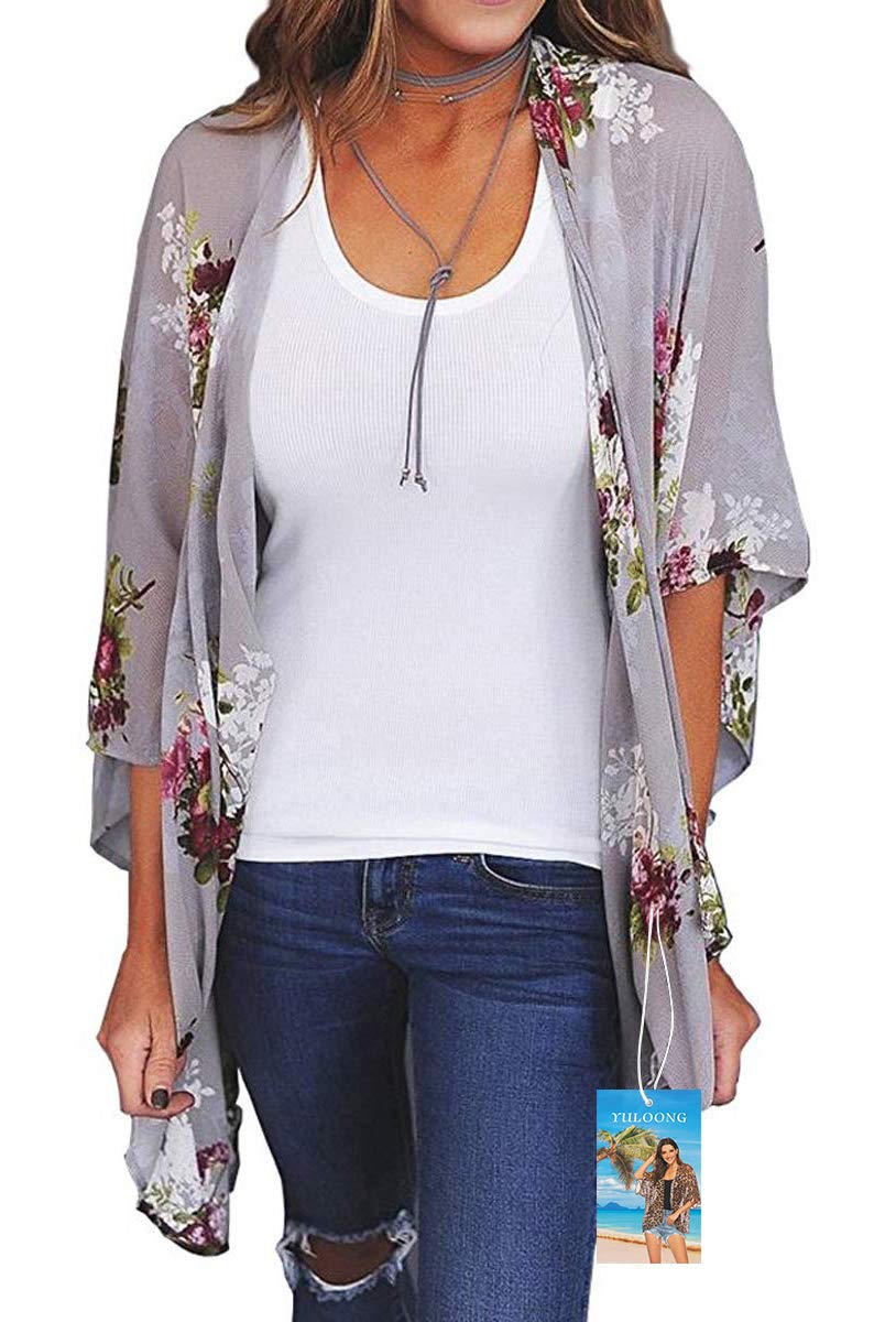 YULOONG Womens Cover Ups Chiffon Floral Print Kimono Loose Shawl Cardigan Boho Summer Casual Blouse Top Sexy Beach Swimwear Capes