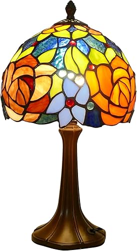 Tiffany - Lámpara de mesa romántica de doble color con rosas hechas a mano, lámparas de escritorio de 8 pulgadas de ancho y 15 pulgadas de alto,