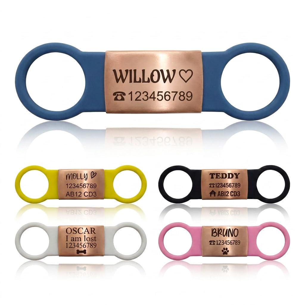 Slide On Dog ID Tag Silicone Personalised Laser Engraved Pet Name Tag (Rose Gold Blue Silicon, (S-(1.8cm-4.0cm))