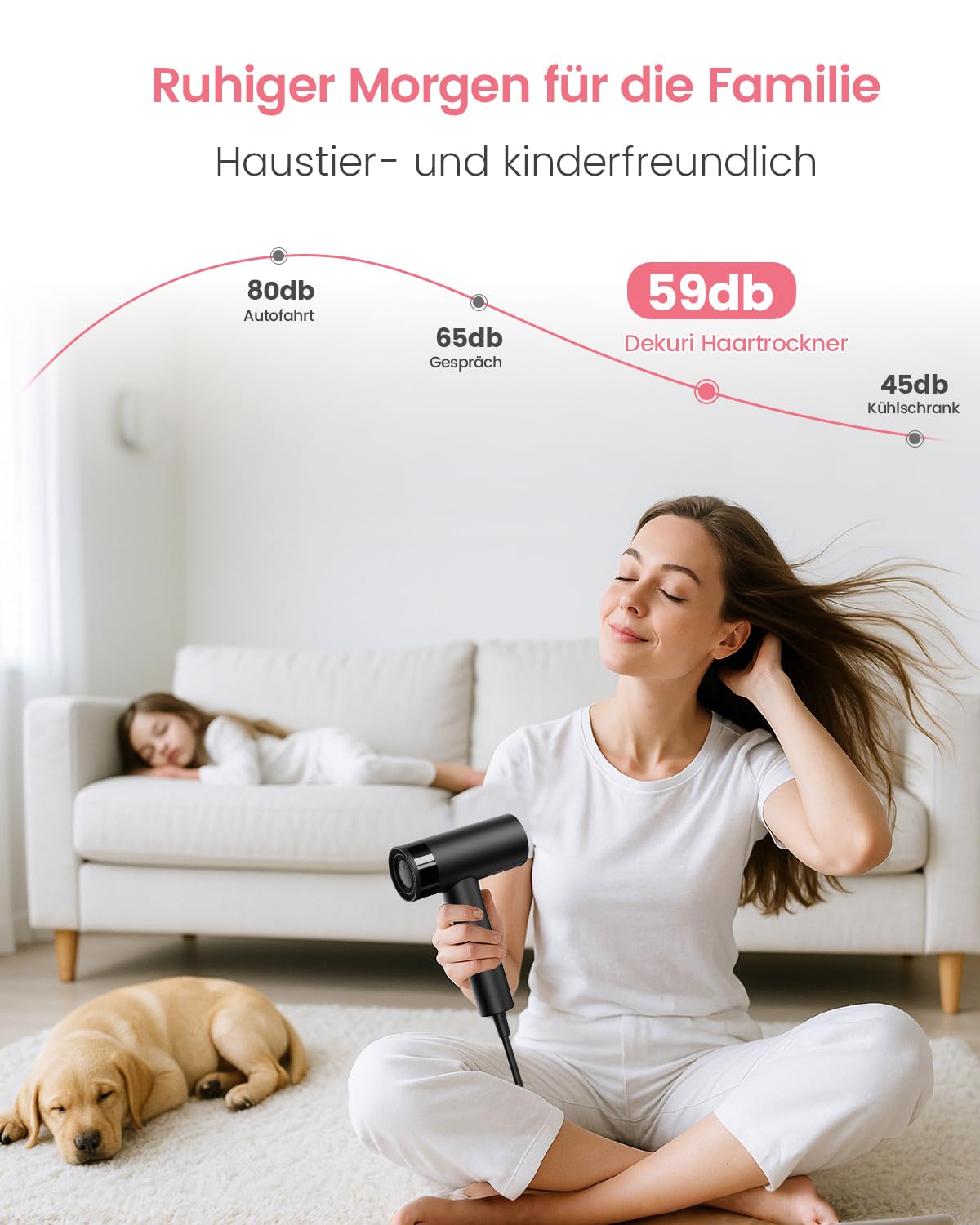 Dekuri Föhn,Ionen Fön mit 110.000 U/min Hochgeschwindigkeitsmotor, 200 Millionen, leichter, geräuscharmer Haartrockner für Frauen und Männer, mit 2 magnetischen Düsen und Diffusor (Tiefschwarz)
