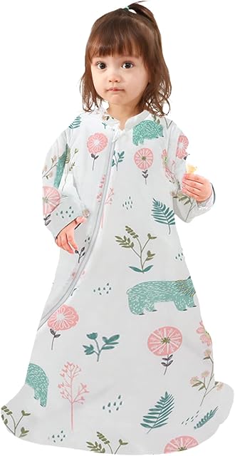 TURMIN Baby Sleeping Bag with Sleeves 3.5 Tog Organic Cotton Sleeping Bag for Kids Unisex Boys Girls Plush Wrap Baby Clothes, Bear, L