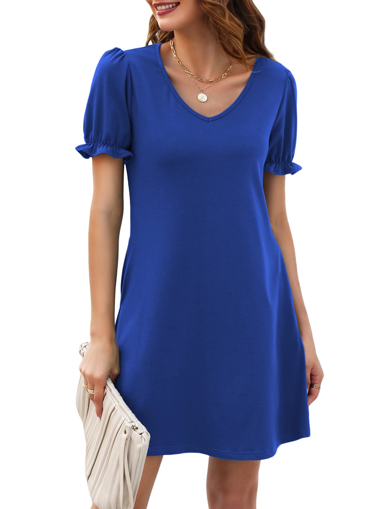 HalifeWomens Summer Dresses Casual Puff Short Sleeve V-Neck T Shirt Dress with Pockets