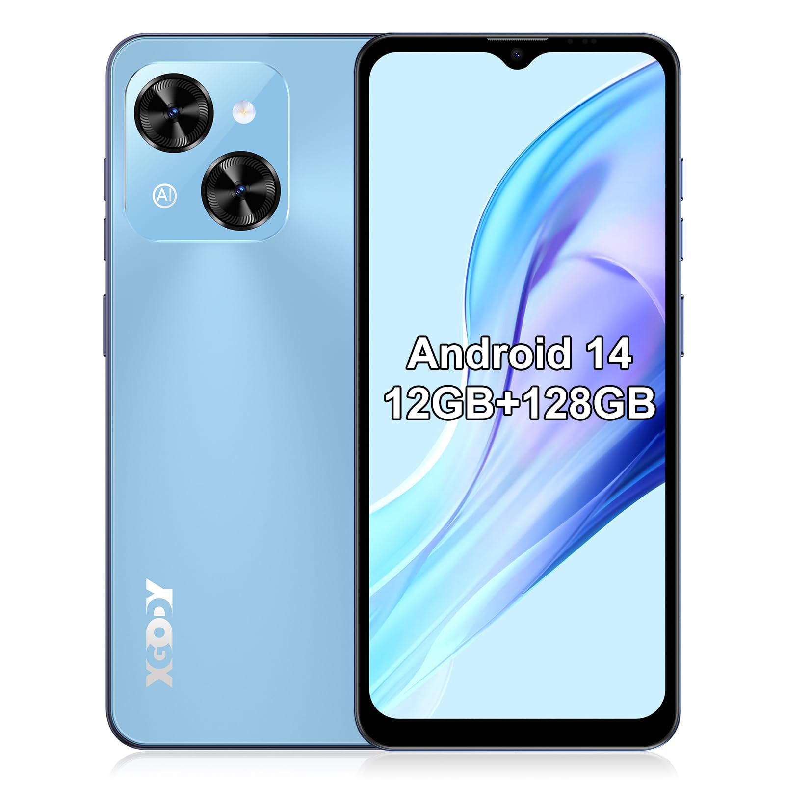 XgodySIM Free Unlocked Mobile Phone Mate 70, 12GB+128GB/1TB Extension, 6.5" HD+ Display, Android 14 Smartphone, 5500mAh QC, Octa-core, 24MP+8MP Camera, 4G Dual SIM, Face ID, OTG (Blue)