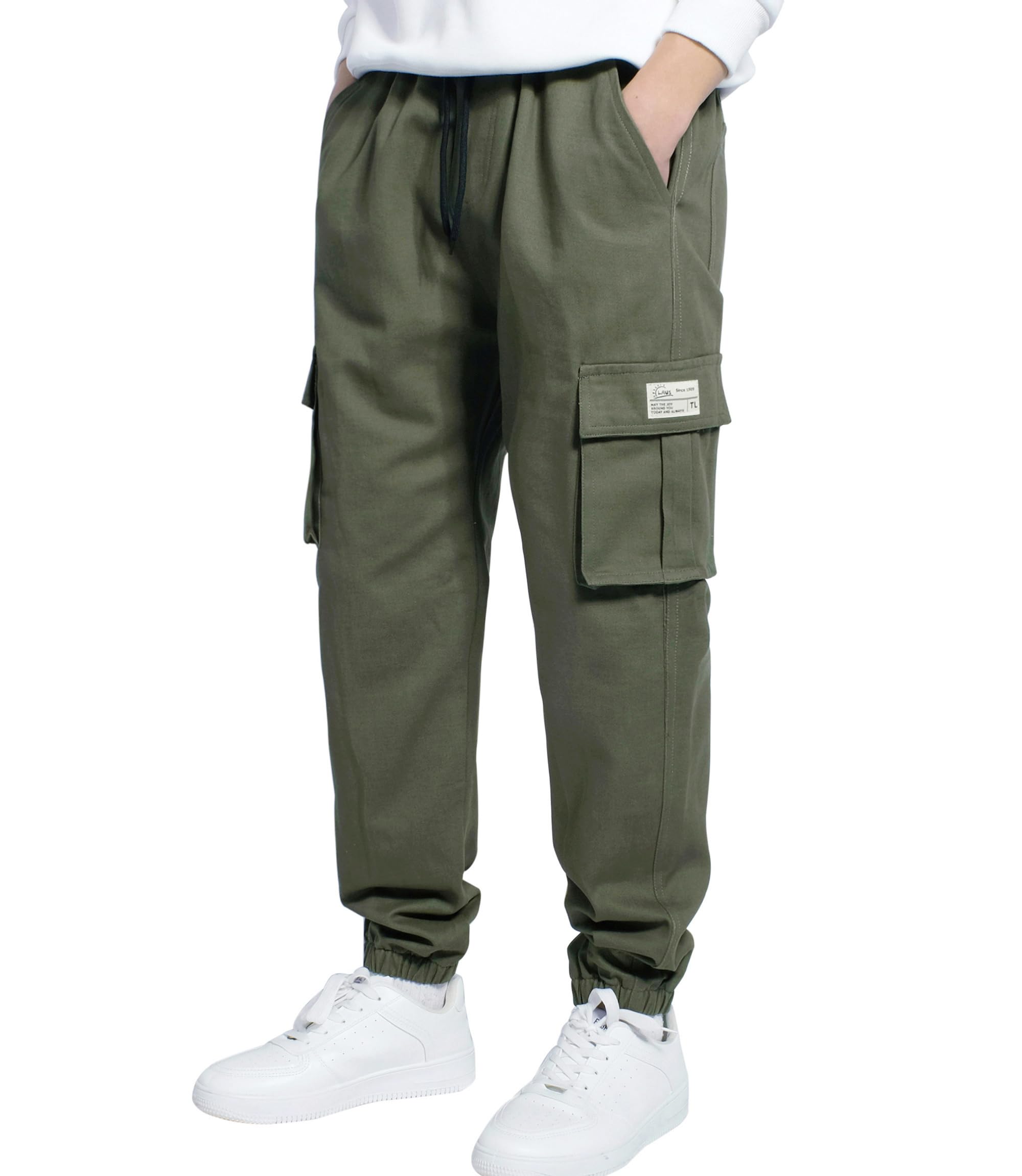 LAUSONS Boys Cargo Trousers for Kids Joggers Pants Elastic Waist Casual with Multi Pockets Green 13-14 Years