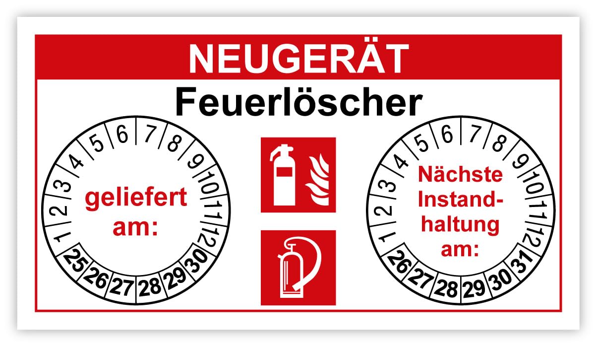 Prüfaufkleber Prüfnachweis „Neugerät Feuerlöscher“ Brandschutz Kennzeichnung Symbole nach ISO 7010 (F001) & BGV A8 (F05) | 90 x 50 mm Made in Germany, Größe: 20 Stück