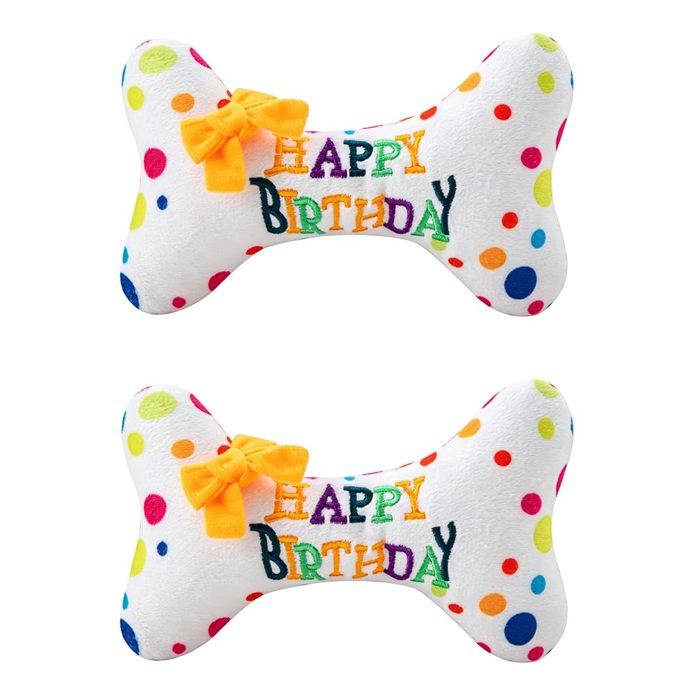 lunictto 2 Pcs Dog Birthday Toy Plush Bones for Small Medium Dogs, Colorful Polka Dot Stuffed Puppy Present Interactive Play Birthday Party Supplies with Embroidered Letters