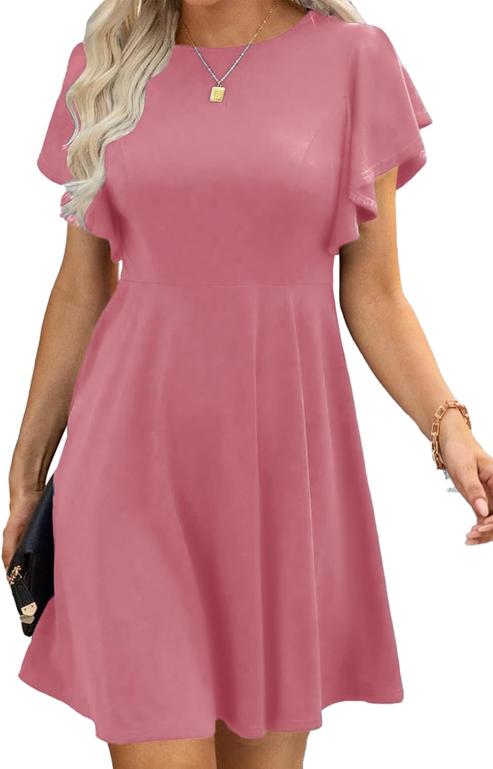 Happy Sailed Cocktail Dresses for Women Spring Summer Ruffle Sleeve Crewneck High Waist Flowy A Line Mini Dress