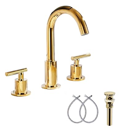 GGStudy 360 Swivel Spout 2Handles 3 Holes 8-16 inch Widespread Bathroom Sink Faucet Gold Finish Matching With Pop Up Drain
