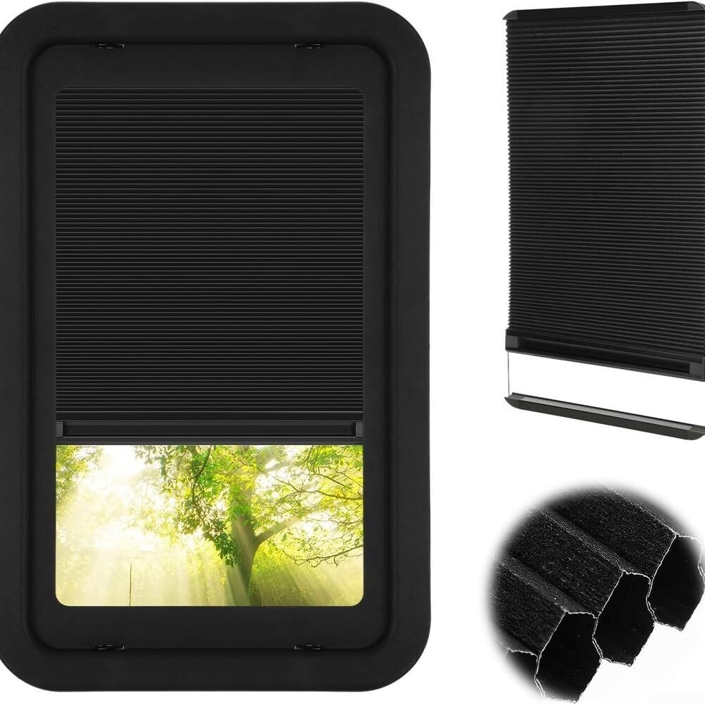 2 Stück RV-Tür-Fensterblenden 30,5 x 53,3 cm schwarz Faltrollo Aluminiumschiene für Lippert Eingangstüren Verdunkelung Sichtschutz leise gleitende Spur verstellbarer Lichtblock Sonnenschutz