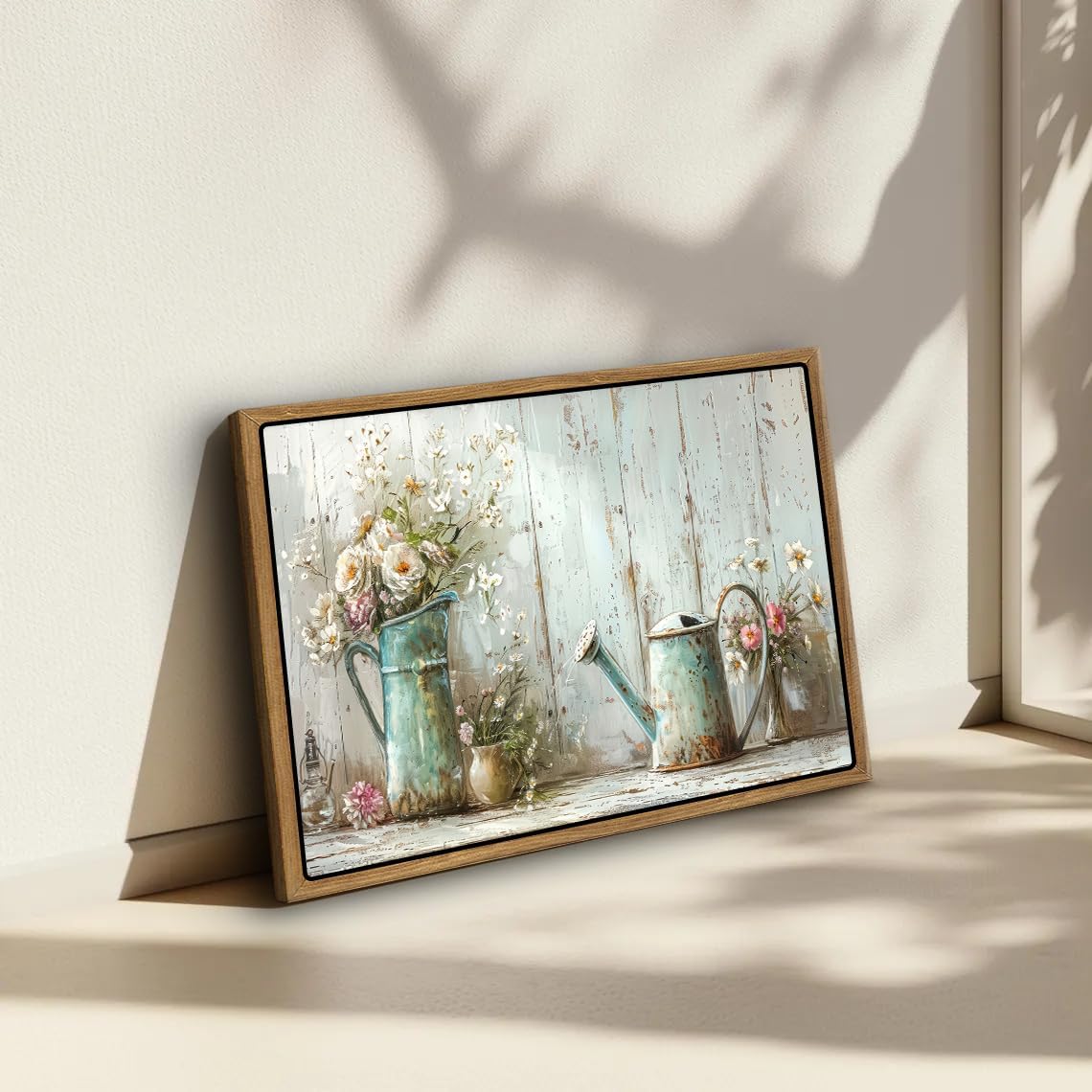 Framed Farmhouse Floral Wall Art Vintage Rustic Flower Canvas Painting White Daisy Flowers Watering Can Decor Country Cottage Botanical Picture for Bathroom Bedroom Kitchen Home Decor 12x16 Inch