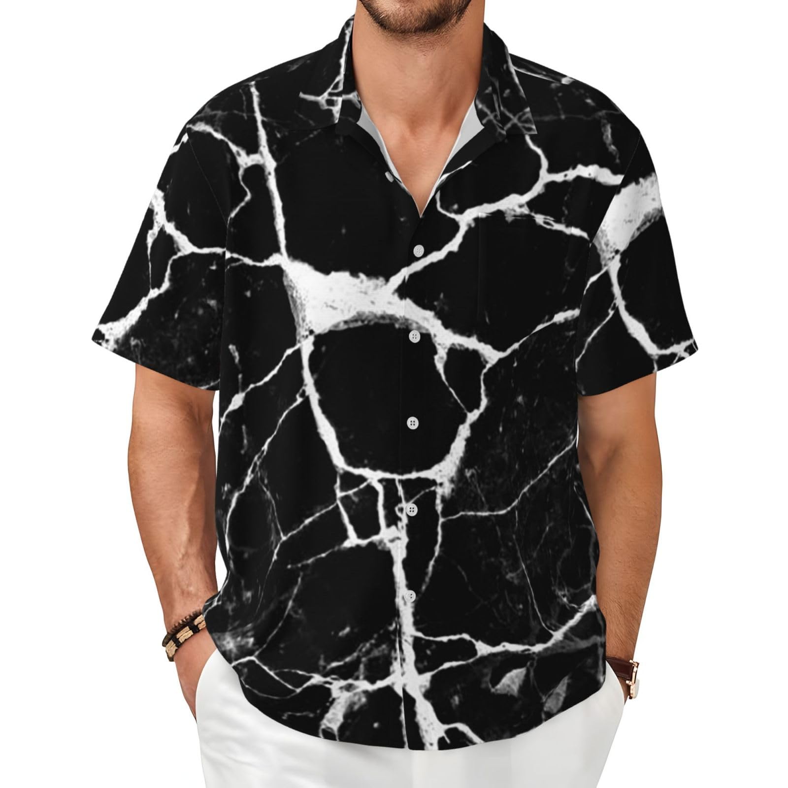 XIAKU Ohio State Gray Men's Shirts Short Sleeve Casual Fashion Polo Button Down Shirt for Men Beach Summer Wedding Pocket, Marble Print Black White, Large