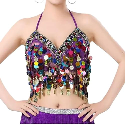 Wuchieal Sequin Halter Bra Tops Salsa Belly Dance Boho Festival Clubbing Tribal Bra Gold Shell Top (One Size, Purple with Colorful Beads)