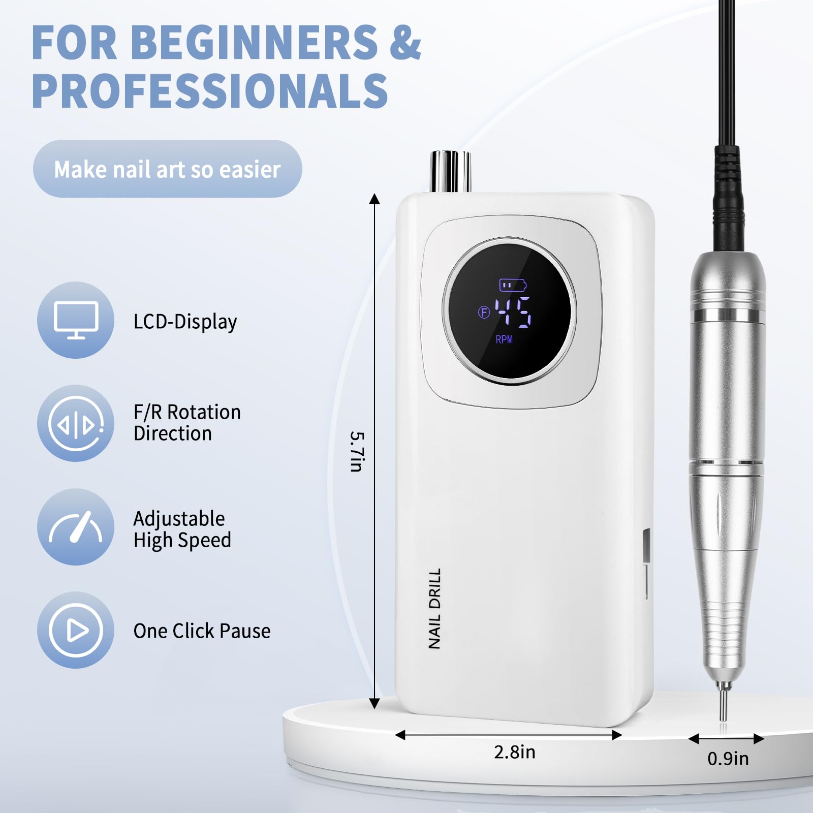 Lima elettrica senza fili, SC300F, trapano professionale ricaricabile per unghie, 30000 giri/min, kit di lime per unghie in gel acrilico, manicure e casa, bianco