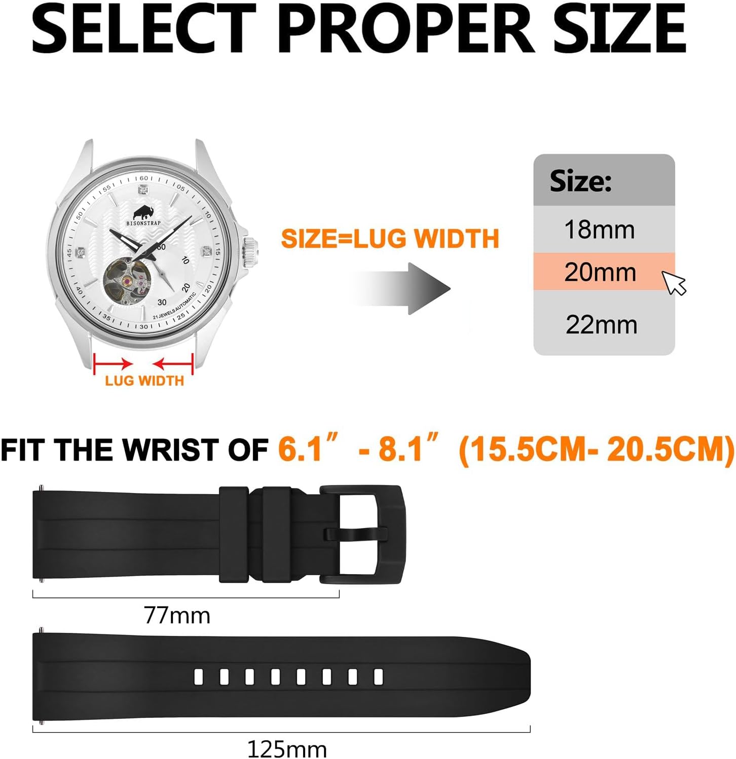 BISONSTRAP Classic Watch Bands 20mm 22mm 24mm, Fluororubber (FKM) Rubber, Watch Replacement Straps for Men and Women, Heavy Duty Clasp