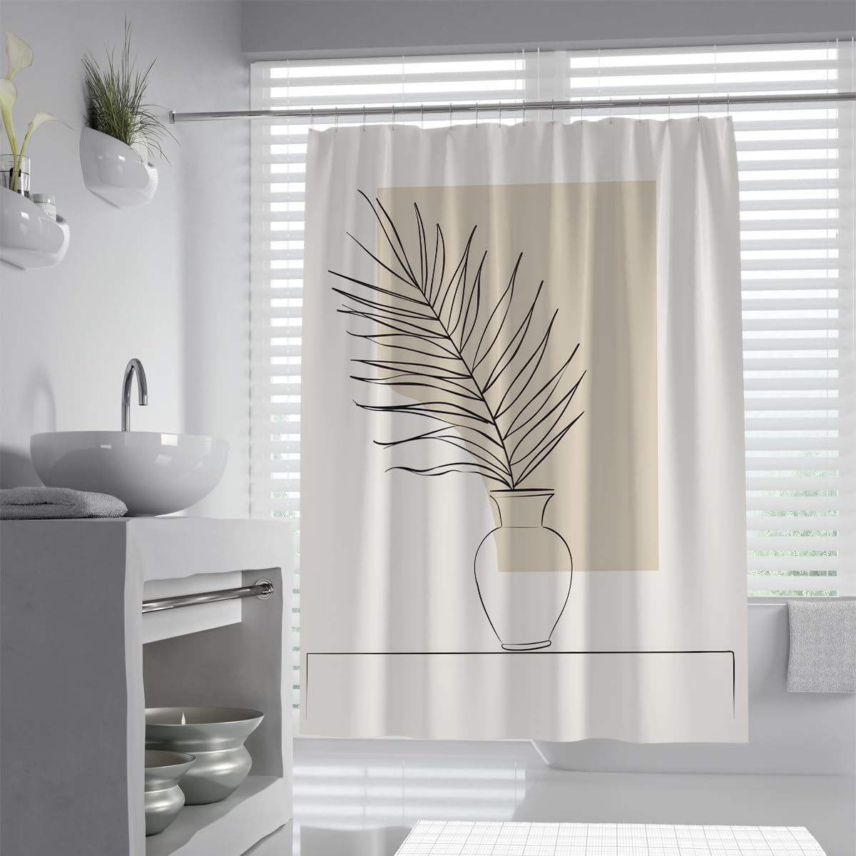 UIRINGART Scandinavian Botanical Shower Curtain W100xL200cm Simple Black Outline Palm Frond Vase Neutral Beige Accents Mildew Resistant Polyester Bath Decor