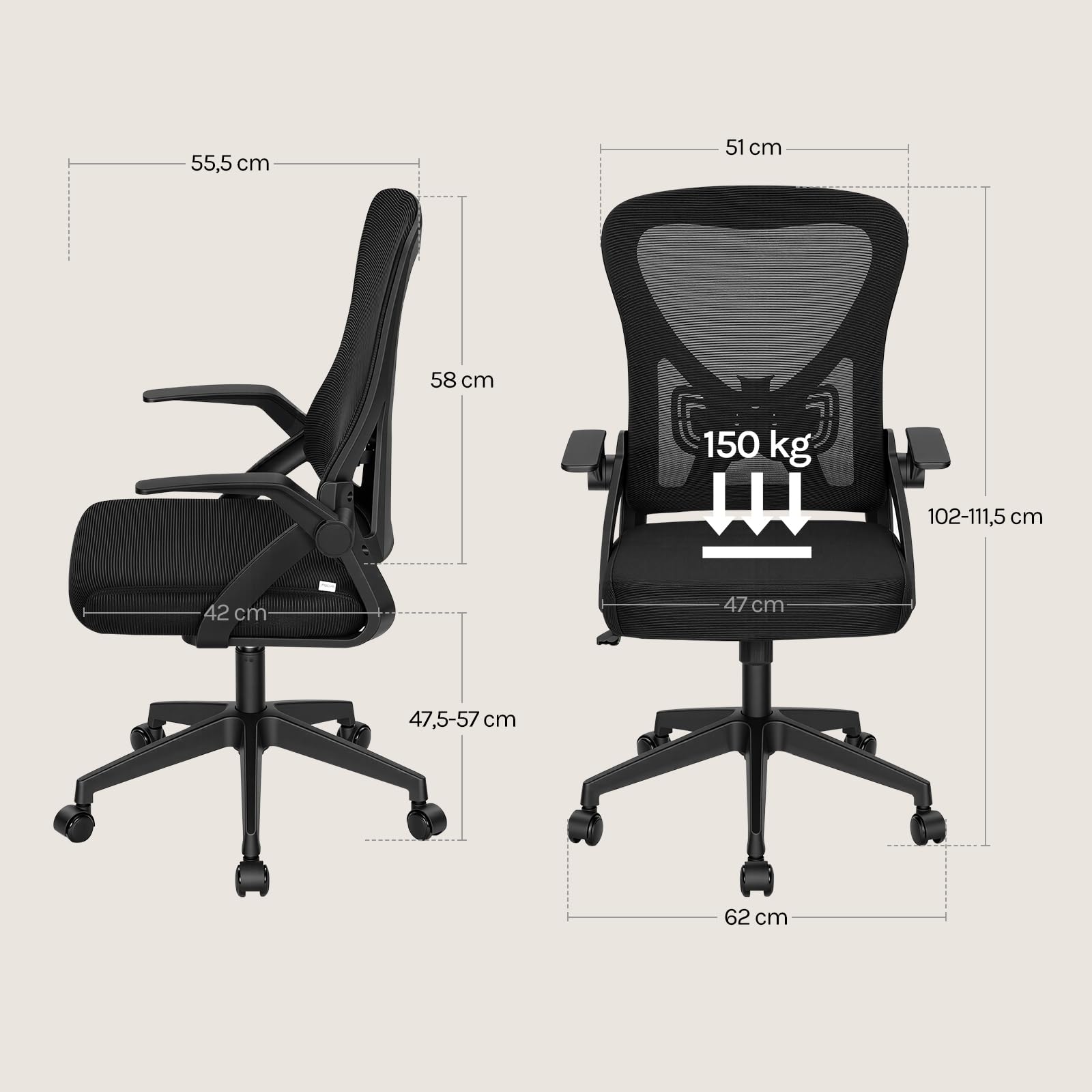 WOLTU Chaise de Bureau Ergonomique avec Soutien Lombaire et Dossier Inclinable en Tissu Maille, Chaise Pivotante à roulettes avec Siège Réglable et Accoudoirs Rabattables, pour Bureau, Studio, Noir