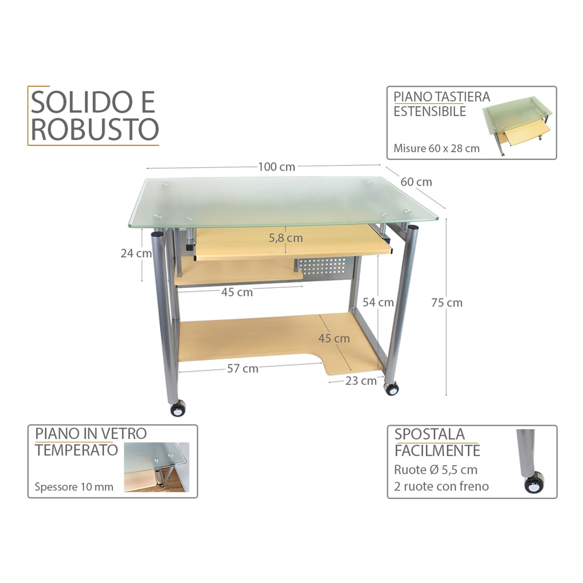 yelloo - Scrivania con Ruote Salvaspazio, Scrivania per Computer Picccola, per Ufficio, Cameretta, Scrivanie Moderne a Rotelle dal Design Semplice, Ideale per Zona Studio e Smart Working (Mod. WHEEL)