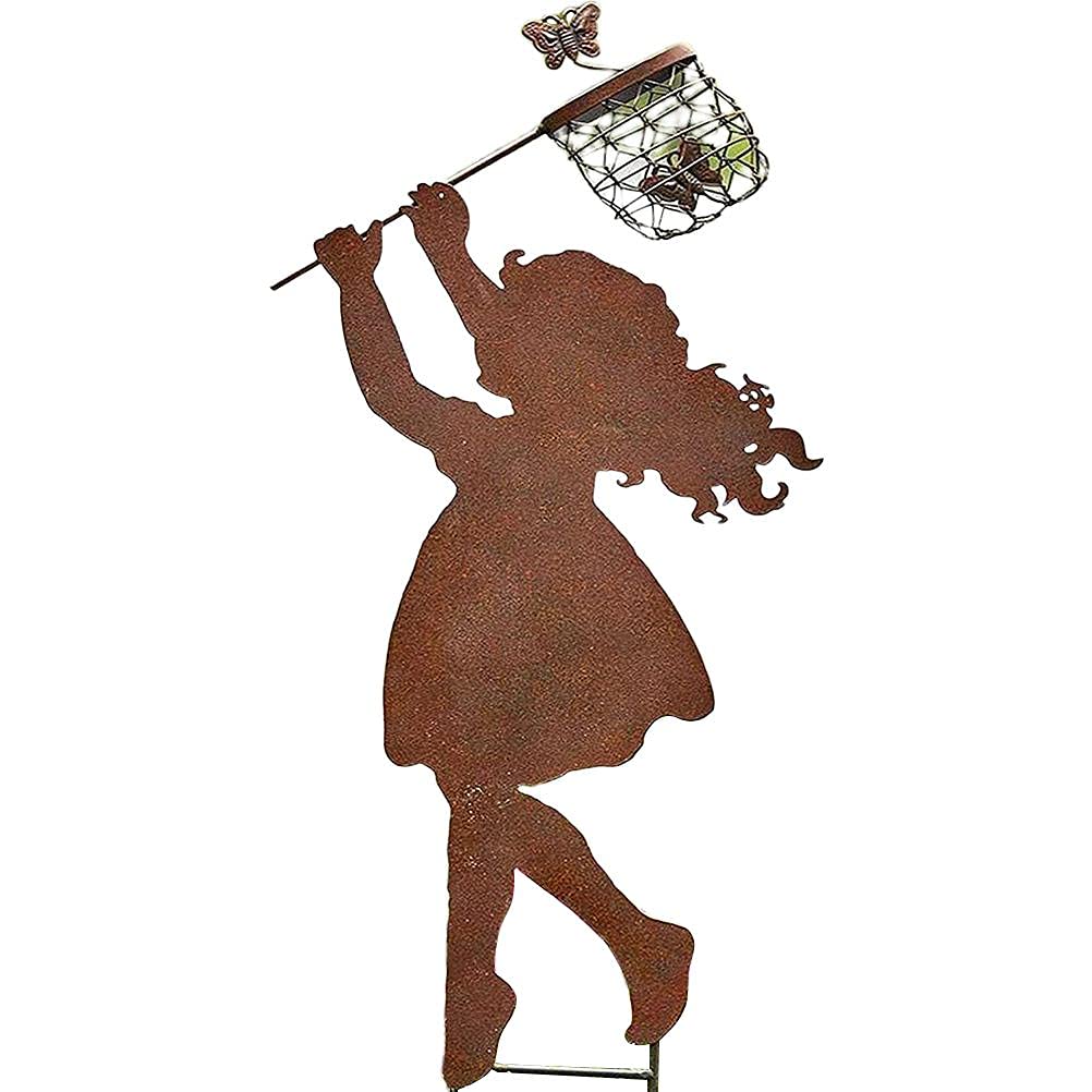 Yusat Boys Girl Silhouettes Chasing Butterfly Metal Vintage Garden Silhouette Sculpture Yard Garden Metal Stake Decor