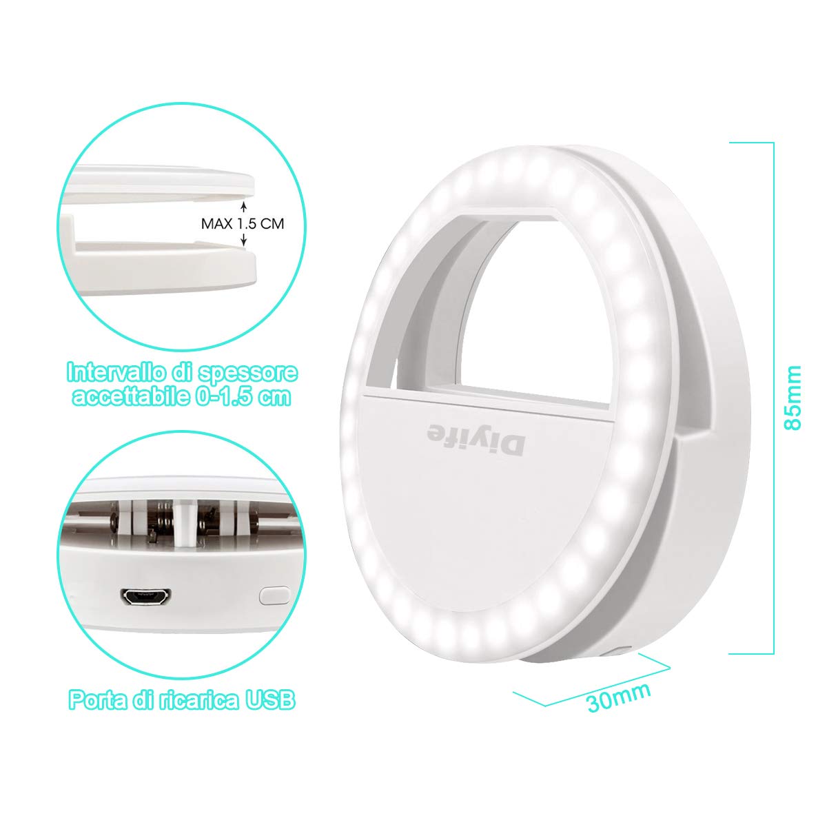Selfie Ring Light Ricaricabile 36 LED 3 Livelli di Luminosità con Clip per Telefono