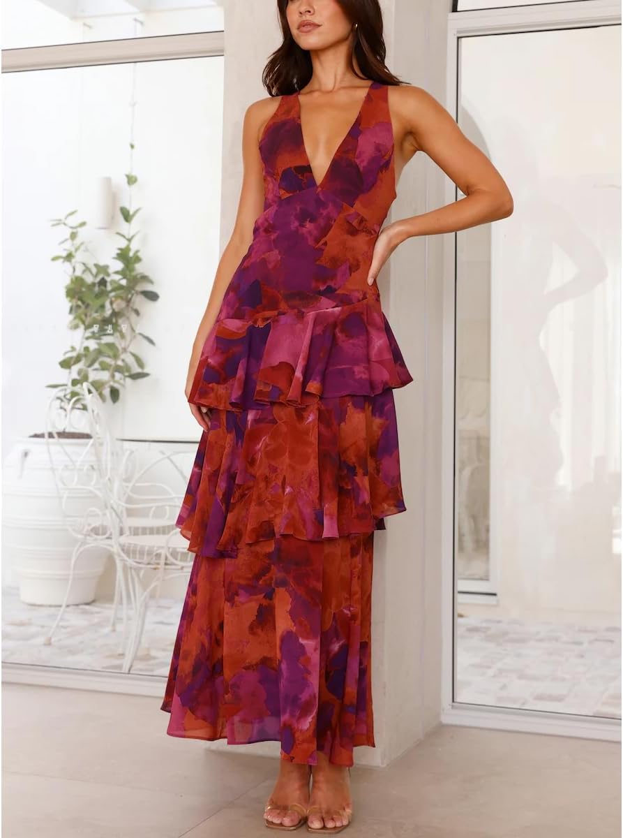 Women's Floral Maxi Dress Sexy Deep V Neck Backless Ruffles Dresses Beach Party Wedding Guest Dress - Image 2