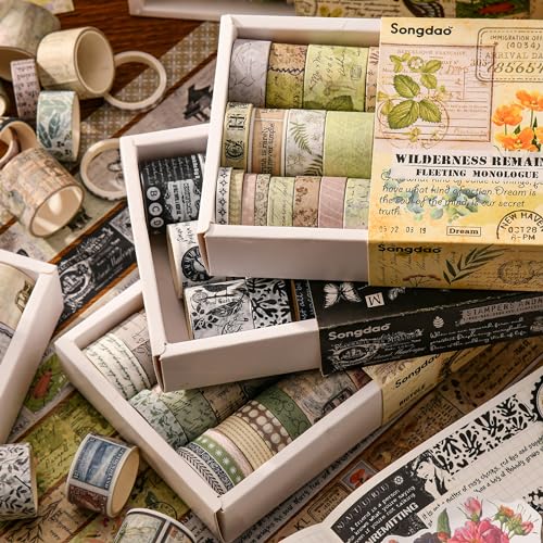 Songdao Conjunto de 20 Rolos de Fita Adesiva Vintage Washi, Fitas Adesivas Retrô Arts, Conjuntos de