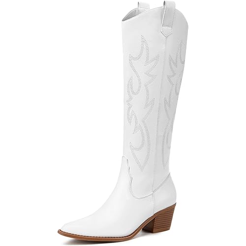 Athlefit Women's Western Embroidered Cowboy Boots Pointed Toe Chunky Heel Pull On Knee High Boots