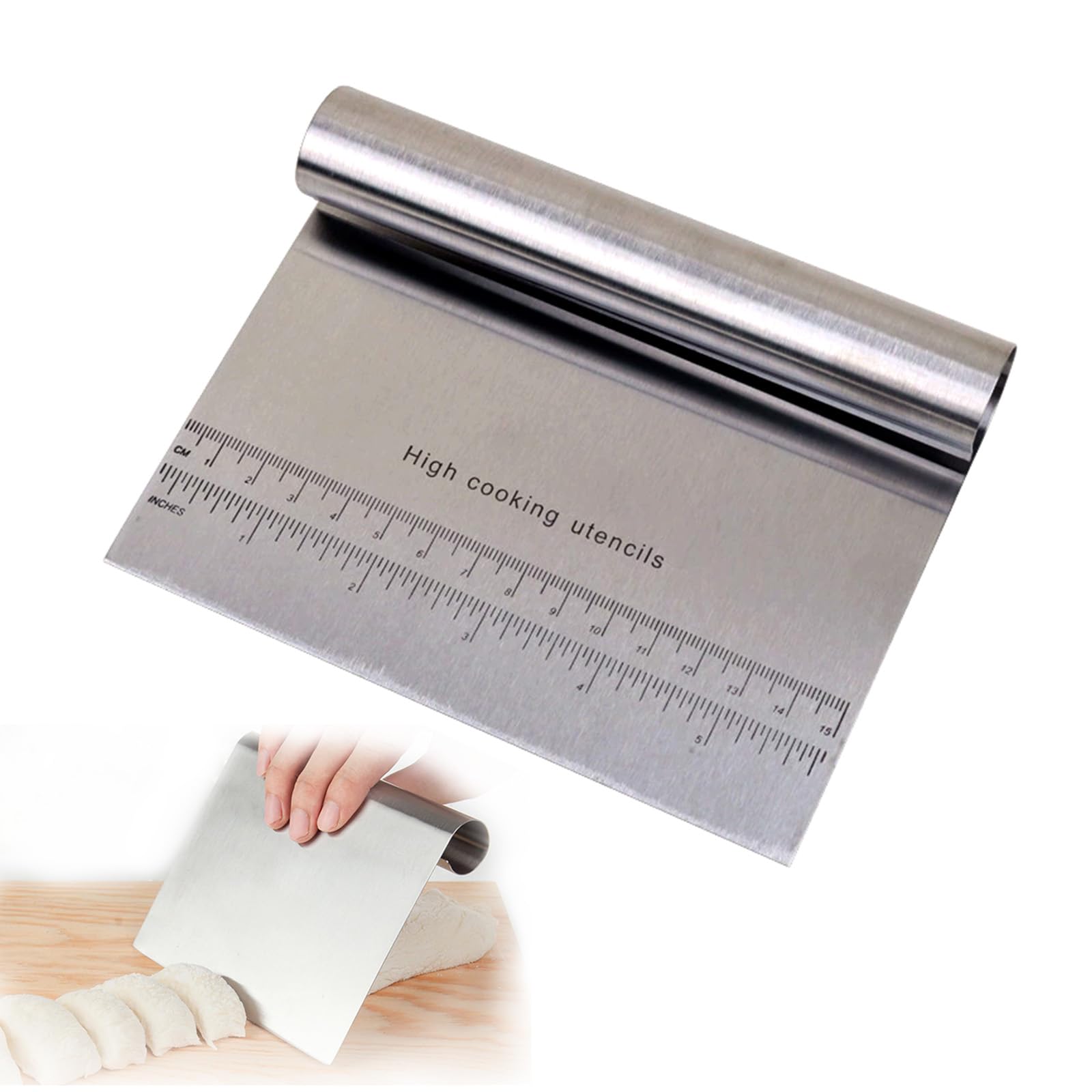 Stainless Steel Dough Scraper – Metal Dough Cutter with Measurement Scale – Bench Scraper for Bread, Pizza, Pastry, Cake – Kitchen Scraper Tool with Ergonomic Handle (Silver, 1 Pack)