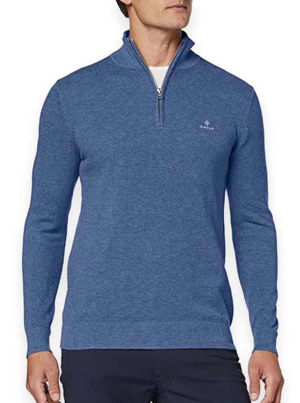 Men's GANT Mens Cotton Pique Half Zip Jumper - Denim Blue Mel - Size: 38/Regular