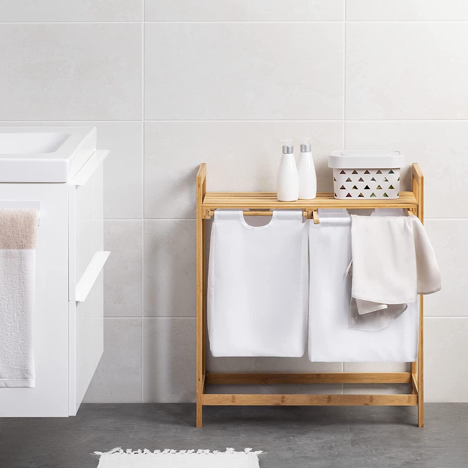 Beauty Panda Laundry Hamper with Shelf, 2 Section Wooden Laundry Basket with Sliding Removable Bags, (BIN05) (B0CPCNH8RS) Amazon Price History, Amazon Price Tracker