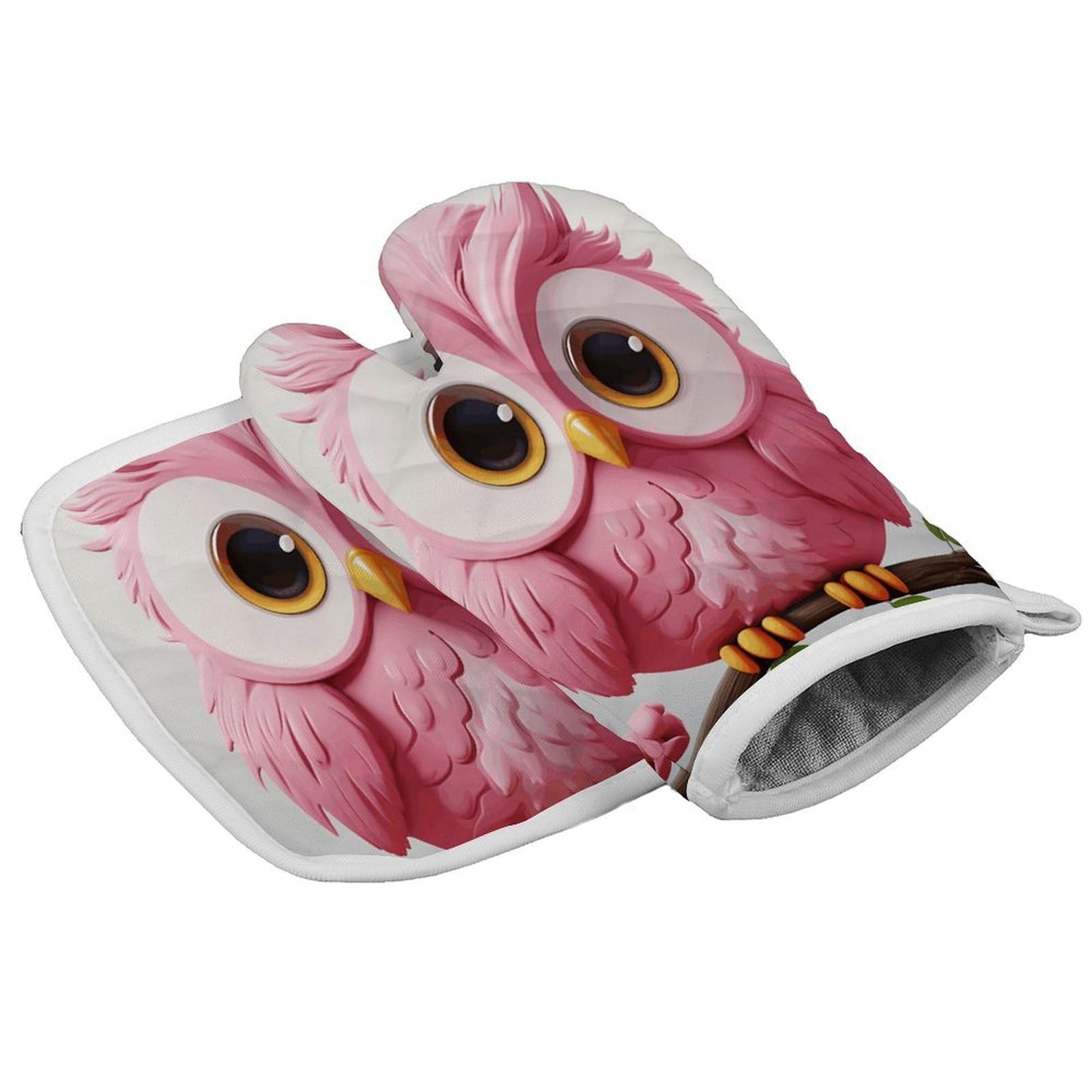 Fodpand Style A Pink Owl Oven Mitt Set With Lanyard, Cooking Mitt, Protective Thermal Insulation,Kitchen Mitt For Baking, Cooking, Grilling, Microwave