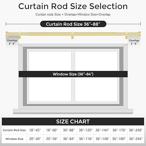 Miniatura 5 de Barras de cortina doradas para ventanas, 1 pulgada de diámetro, con remates de tapa en extremos, estilo moderno, 36 a 88 pulgadas