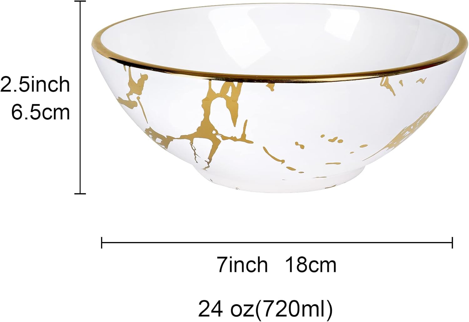 fanquare Gold Marble Crereal Bowls 24 oz, Porcelain Soup Bowls Set of 4, Pasta Bowl for Ramen, Salad, Dessert, 7 Inch