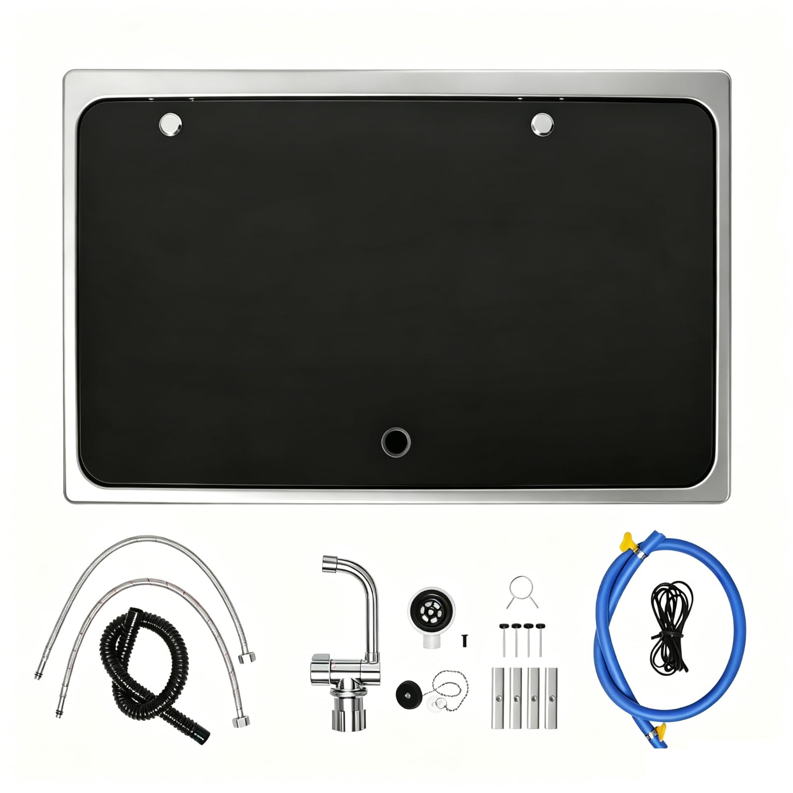 Lavabo 2 en 1 para caravana y compartimento de preparación con tapa de vidrio, inserto de acero inoxidable con boquilla plegable para caravana, furgoneta, remolque de viaje (negro/plateado)