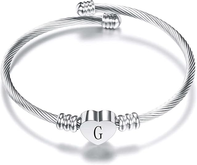 KunBead Jewelry Women Girls Initial Letter Cuff Bracelet Silver Alphabet Love Heart Bangle Bracelets Gift for Birthday Stainless Steel