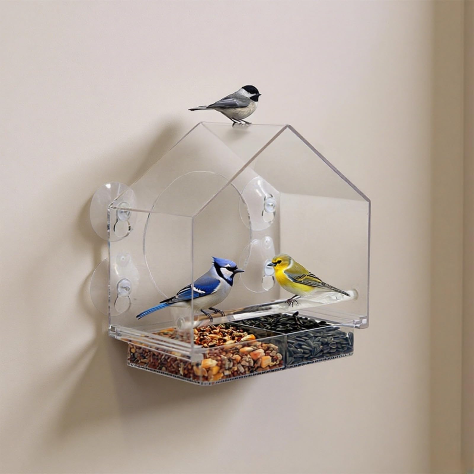 Comedero para pájaros de ventana, acrílico transparente con ventosas sin perforación, bandeja de montaje en pared para exteriores, 7.9 x 5.1 x 7.5 pulgadas, 20 x 13 x 19 cm