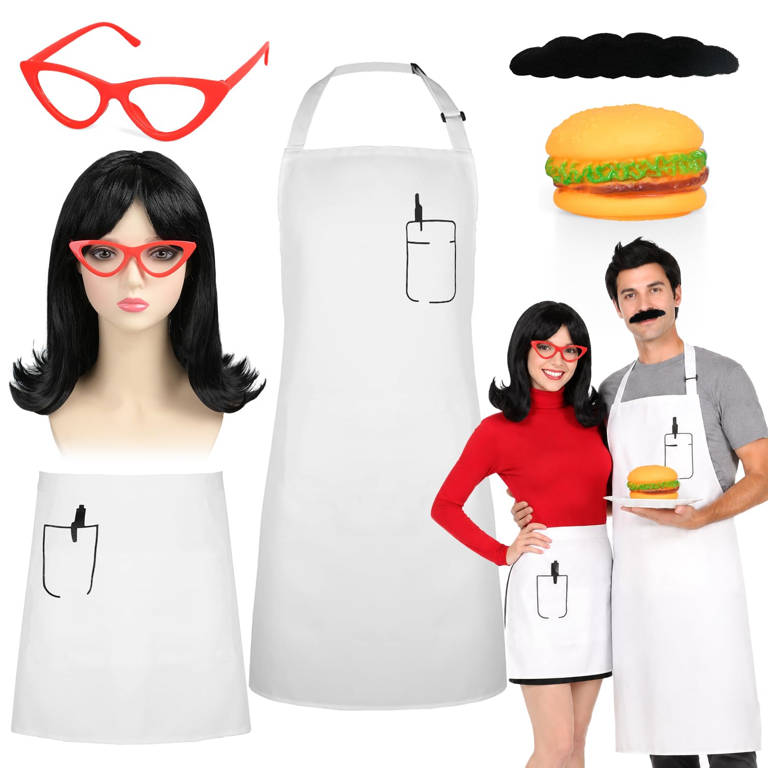 MOVINPE Burger Shop Couple Costume Set for Adults, Chef & Waitress Outfit with Aprons, Wig, Beard, Glasses & Hamburger Prop – Funny Restaurant-Themed Halloween Cosplay for Men & Women