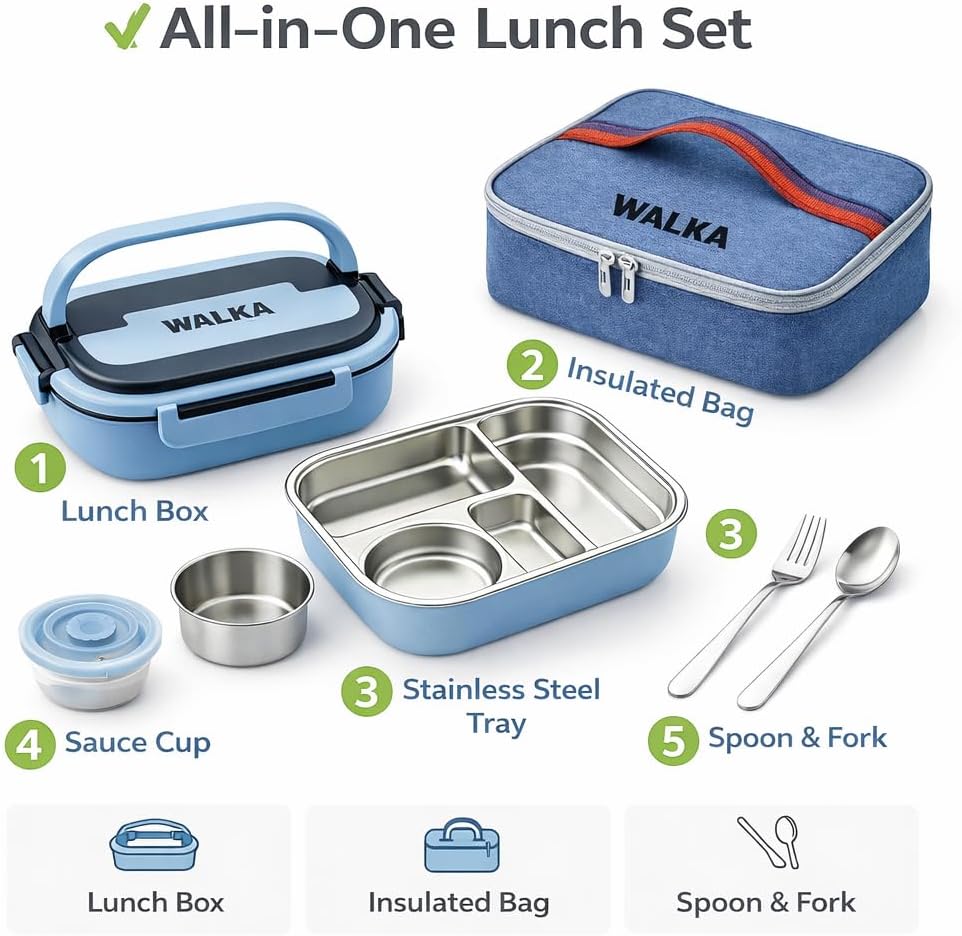 WALKA Stainless Steel Lunch Box for Adults – Leakproof 4 Compartment Metal Bento Box with Insulated Lunch Bag, 304 Food Grade Steel, BPA-Free, Dishwasher Safe (Blue)