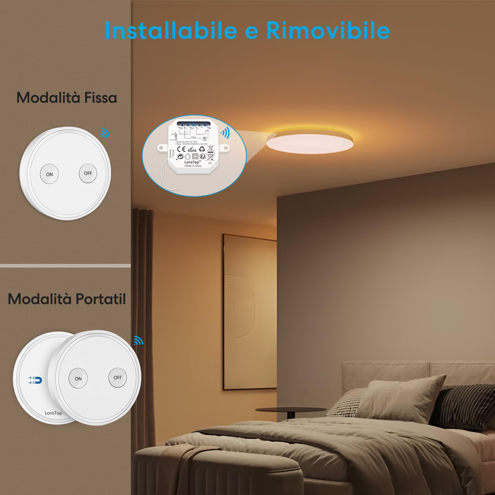 LoraTap Interruttore Luce Senza Fili a 3 Vie, Mobile + Ricevitore a Relè 2500 W, Telecomando RF Fino a 200m On/Off Switch Wireless per Lampade e Apparecchi Elettrici