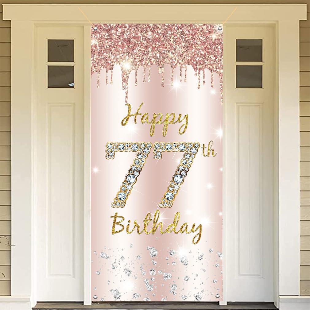 Dekoracja na 77. urodziny kobiety, Happy 77th Birthday Door Banner różowe złoto, 77. urodziny tkanina tabliczka plakat dekoracja drzwi, 77. urodziny tło baner damski, przyjęcie urodzinowe tabliczka