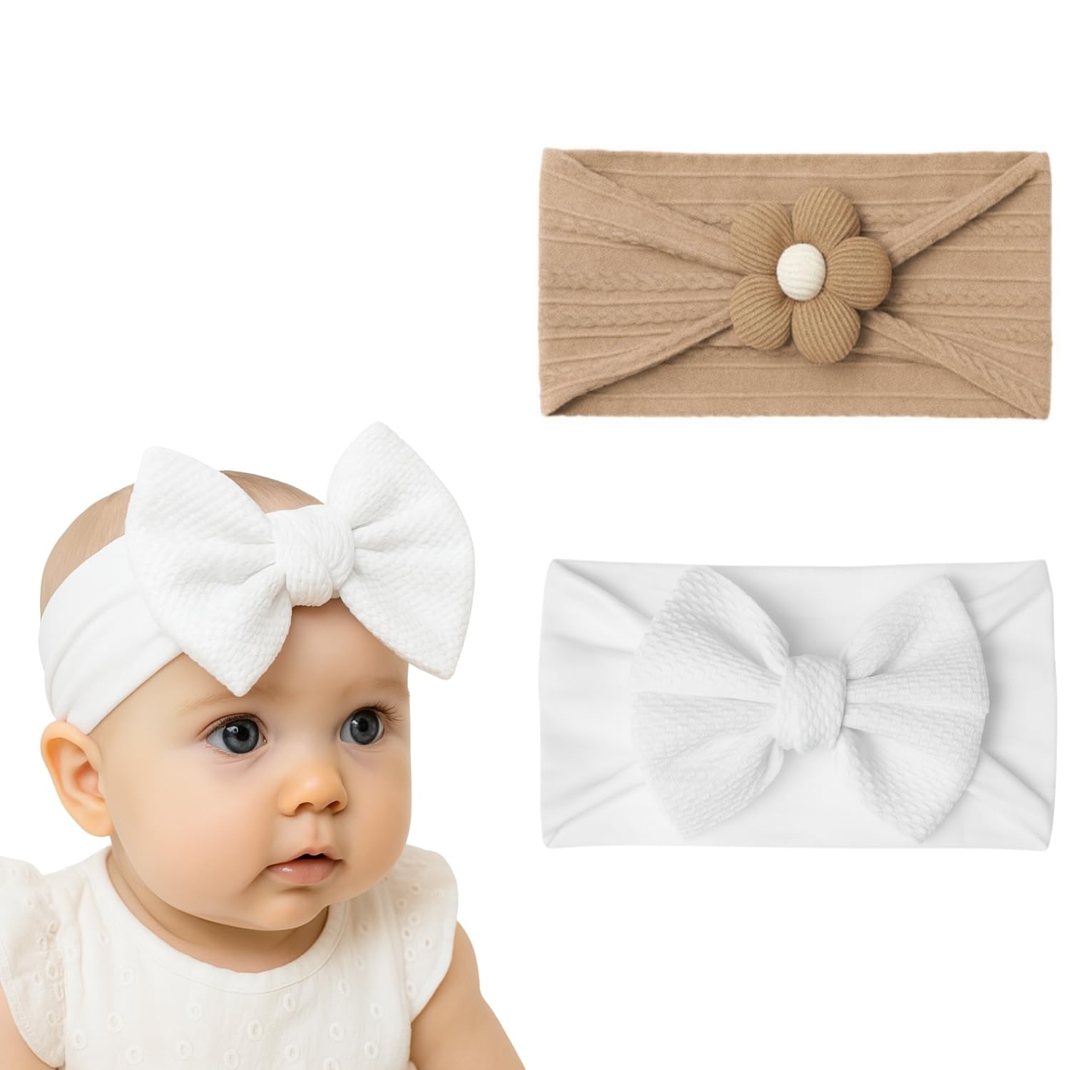 ANNA CREATIONS 2 Pcs Baby Headbands with Big Bow and Flower Design, Soft Stretchy Hair Bands for Newborn Infant Toddler Girls, Comfortable and Stylish Hair Accessories Patti Band-image-15